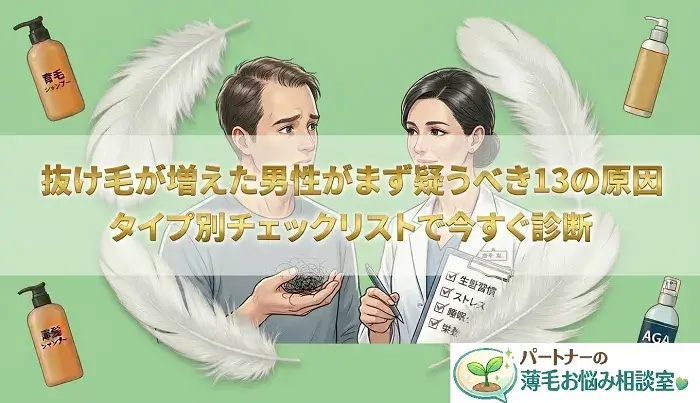 男性の抜け毛の原因を解説する記事のアイキャッチ画像